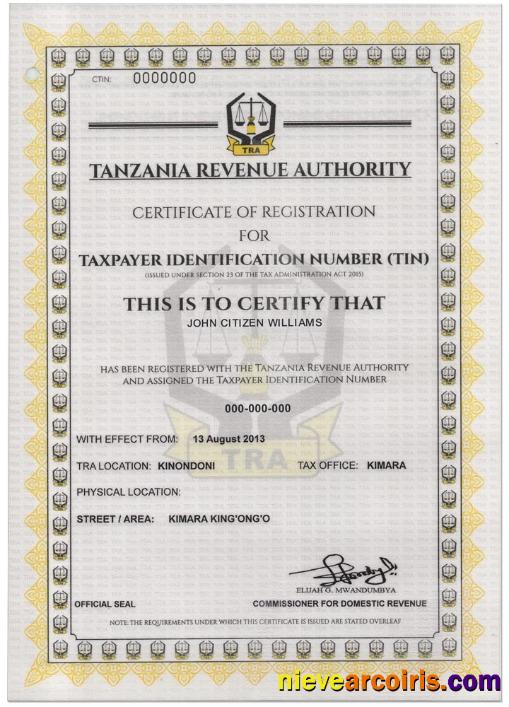 TANZANIA taxpayer identification number (TIN) registration certificate